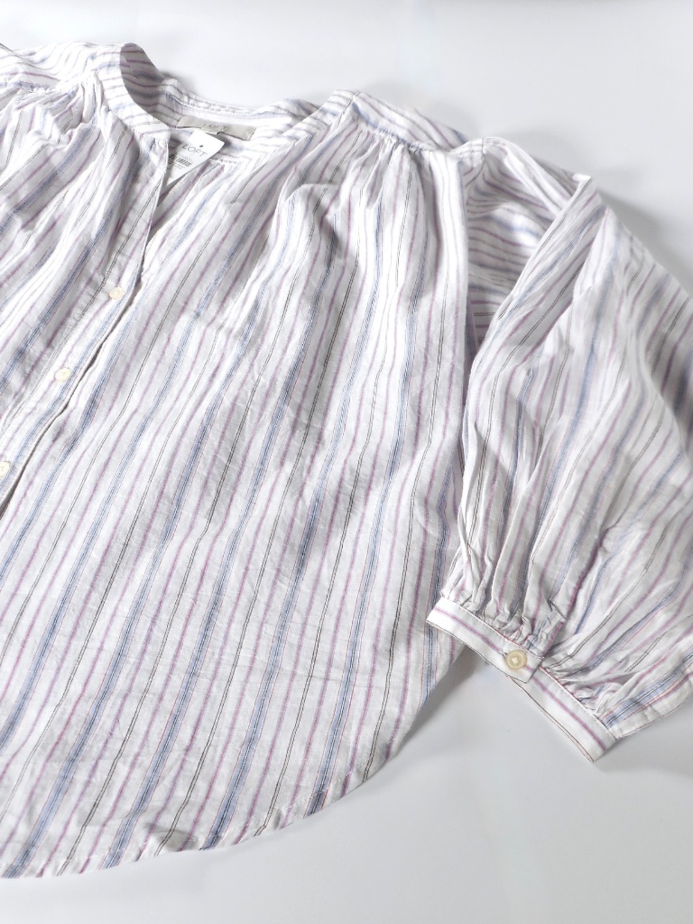 NWT LOFT 100% Cotton White Blue Pink Stripe Sz M Button Top Balloon Sleeve